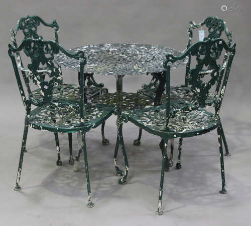 A 20th century green painted cast aluminium garden suite, comprising a circular table and four