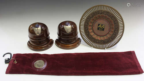 A small group of RAC and AA memorabilia, comprising a pair of walnut bookends with applied