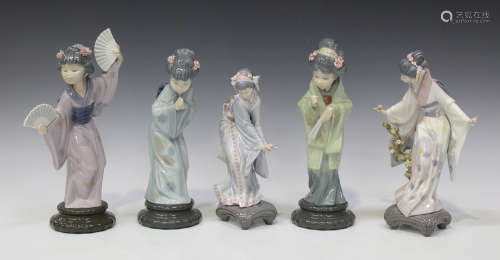 A group of five Lladro porcelain figures, comprising Sayonara, No. 4989, Madame Butterfly, No. 4991,