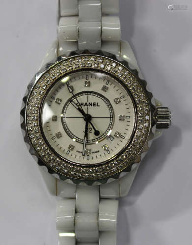 A Chanel J12 Paris diamond and white porcelain dress bracelet wristwatch, the signed silvered dial