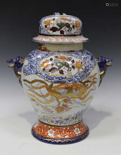 A large Mason's type two-handled ironstone vase and cover, 19th century, of high shouldered form,