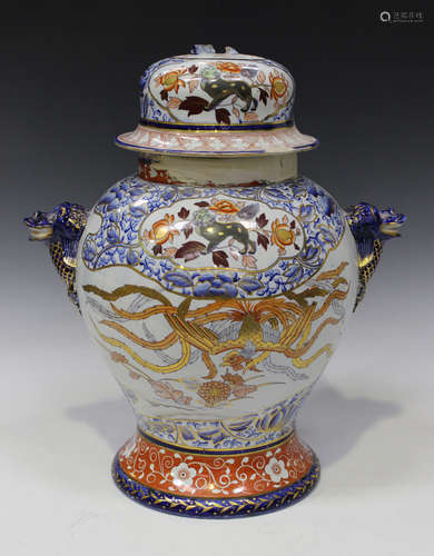 A large Mason's type two-handled ironstone vase and cover, 19th century, of high shouldered form,