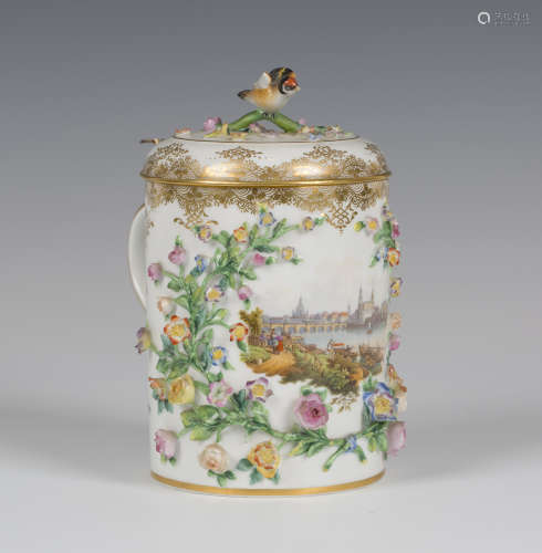 A Meissen porcelain tankard with hinged tappit lid, second half 19th century, the cylindrical body