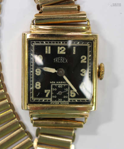 A Trebex 9ct gold rectangular cased gentleman's wristwatch with a signed jewelled movement, the case