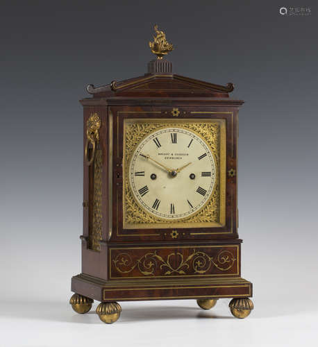 A Regency Scottish brass inlaid mahogany bracket clock with eight day twin fusee movement striking