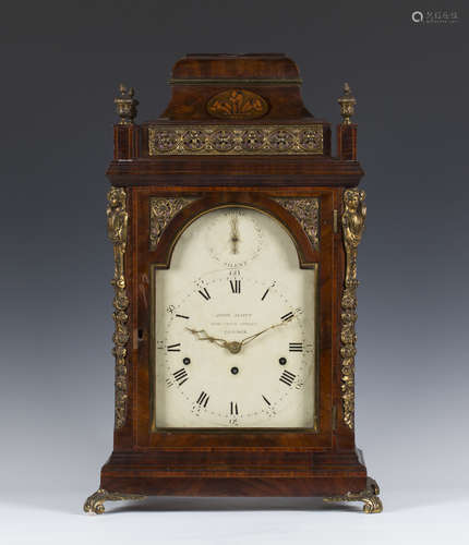 A George III mahogany musical bracket clock with eight day triple fusee movement chiming quarters on