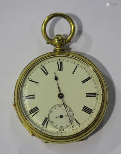 A gold cased keywind open-faced gentleman's pocket watch with an unsigned gilt jewelled lever