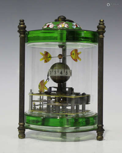 A late 20th century Chinese brass and cloisonné mounted glass cylindrical novelty table timepiece