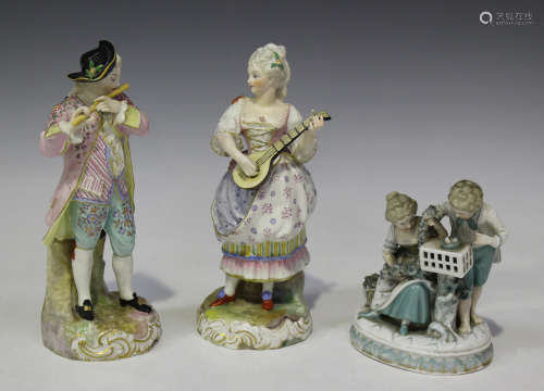 A pair of Continental Meissen style porcelain figures, late 19th century, modelled as a male and