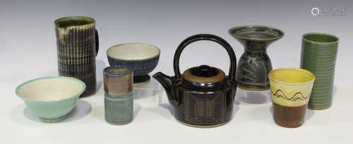 A mixed group of studio pottery, including a John Lomas tenmoku glazed teapot and cover with incised