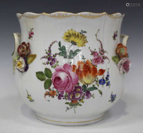 A Dresden porcelain jardinière, late 19th/early 20th century, of lobed baluster form, painted with