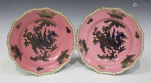 A pair of Mason's Patent Ironstone China pink ground plates, second half 19th century, both