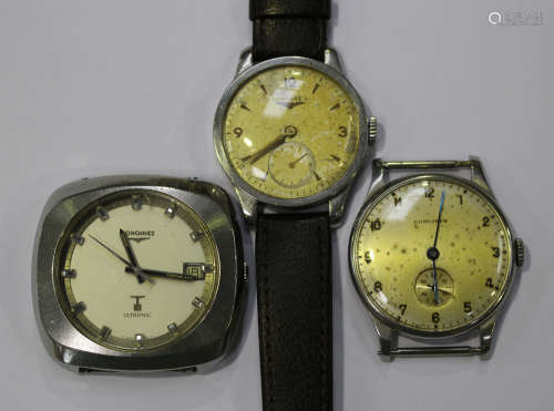 A Longines Ultronic steel cased gentleman's wristwatch, case width 4.3cm, and two other Longines