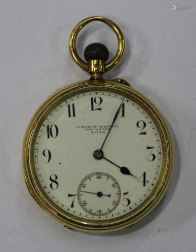 An 18ct gold cased keyless wind open-faced gentleman's pocket watch, the gilt three-quarter plate