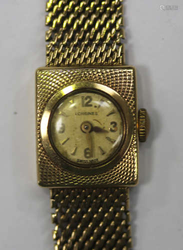 A Longines 9ct gold rectangular cased lady's bracelet wristwatch with a signed jewelled movement,