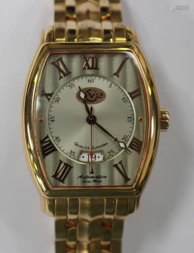 A Gevril GV2 Automatico gilt metal gentleman's bracelet wristwatch, the engine turned dial with gilt