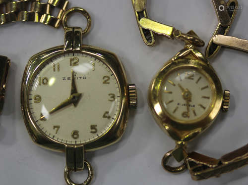 A Zenith 9ct gold cushion shaped cased lady's wristwatch with a signed jewelled movement, the signed
