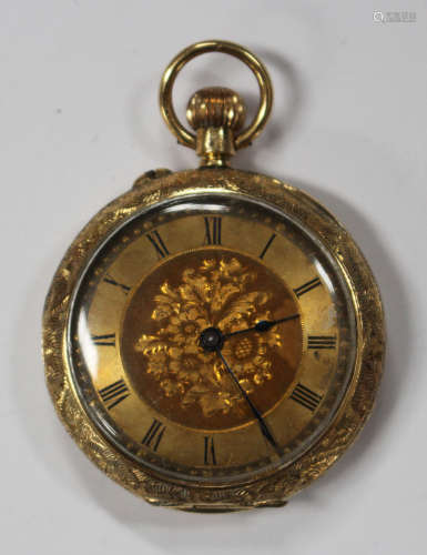 An 18ct gold keyless wind open-faced lady's fob watch with a gilt cylinder movement, the case back