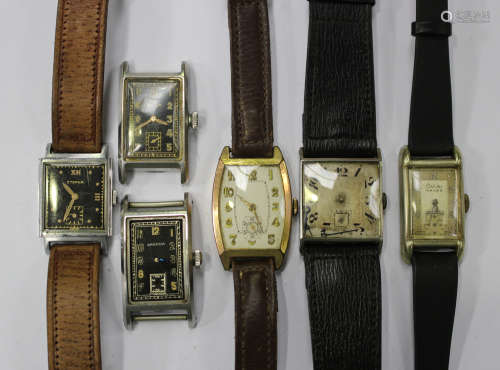 An Eterna steel rectangular cased wristwatch with a signed black dial, case width 2.3cm, a Zenith