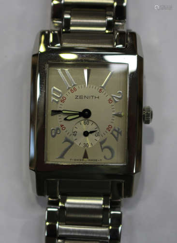A Zenith steel curved rectangular cased bracelet wristwatch, the signed silvered dial with