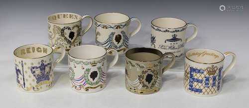 Seven Wedgwood commemorative mugs, designed by Richard Guyatt, including a limited edition 'In