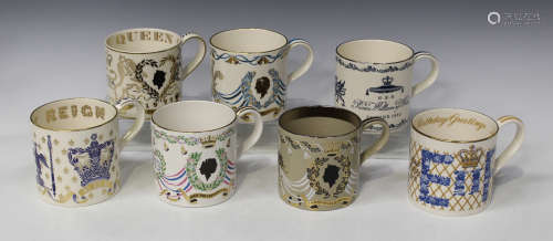 Seven Wedgwood commemorative mugs, designed by Richard Guyatt, including a limited edition 'In
