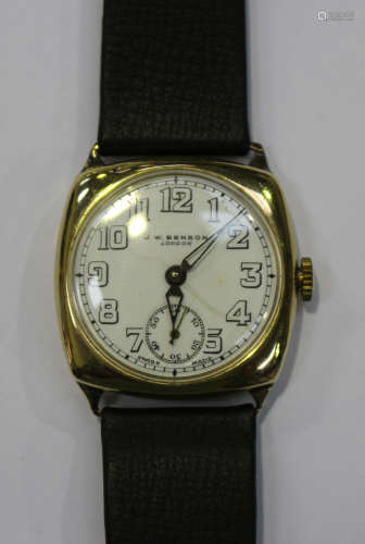 A J.W. Benson London 9ct gold cushion shape gentleman's wristwatch with a signed jewelled lever