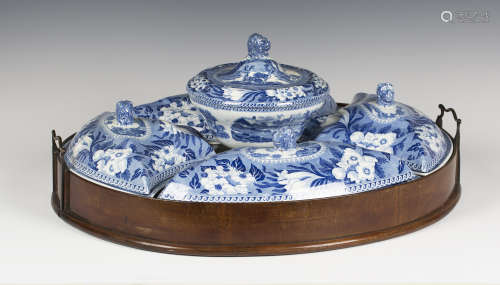 A Rogers blue printed pearlware Fallow Deer pattern supper set, circa 1820-25, comprising four