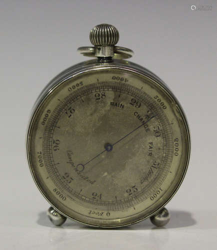 A late Victorian silver cased campaign pocket barometer and compass, the glazed front with