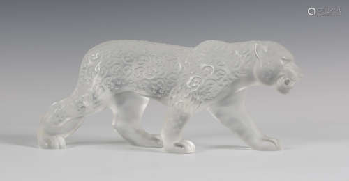 A Lalique frosted glass model of Rajah Jaguar, post-1945, modelled prowling with teeth on show,