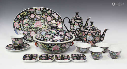 A Chinese famille rose black ground porcelain part dinner and tea service, 20th century, each