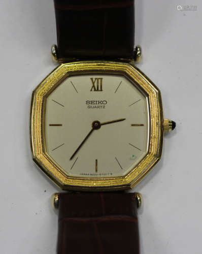A Seiko Quartz octagonal cased gilt metal fronted and steel backed wristwatch, the signed silvered
