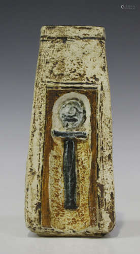A Troika St. Ives pottery coffin vase, circa 1970-83, each side decorated in relief with abstract
