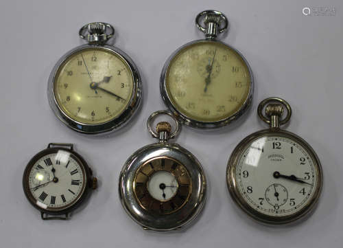A silver keyless wind half-hunting cased pocket watch with a gilt jewelled lever movement,