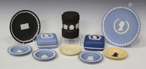 A group of Wedgwood jasperware and black basalt decorative ceramics, including a Cathedral Cities