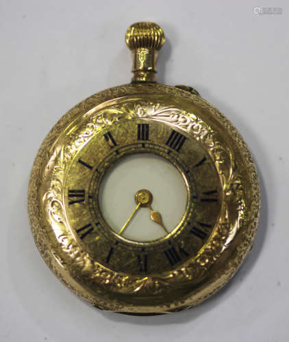 A 9ct gold half-hunting cased keyless wind lady's fob watch with a gilt jewelled lever movement,