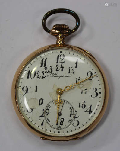 A gold cased keyless wind open-faced gentleman's pocket watch with an unsigned gilt jewelled lever