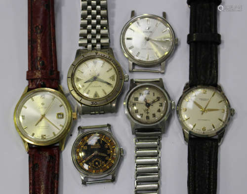 A group of six gentlemen's wristwatches, comprising Mido Multifort Datometer, Zodiac Goldenline