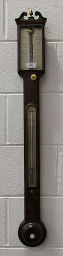 A William IV figured mahogany stick barometer, the silvered dial with vernier scale and inscribed '