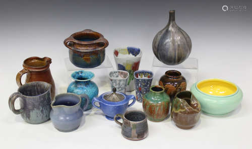 A large mixed group of studio and art pottery, including a Denby Danesby Ware three-handled pot, a