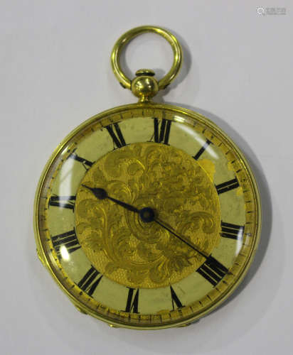 A gold cased keywind open-faced lady's fob watch, the gilt cylinder movement detailed 'Fes Melly a