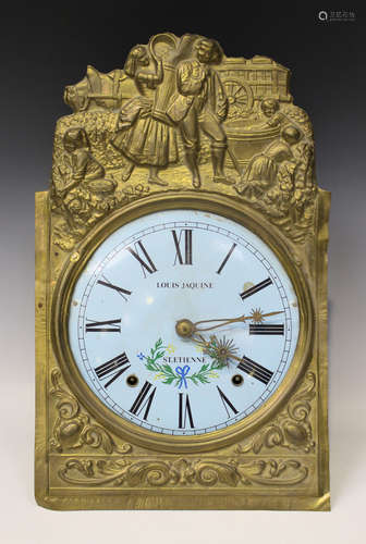 A 19th century French Comtoise or Morbier brass cased wall clock with eight day movement striking on