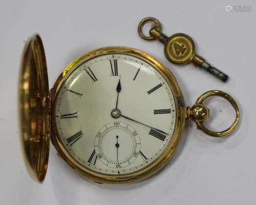 A Victorian 18ct gold keywind hunting cased gentleman's pocket watch, the gilt three-quarter plate