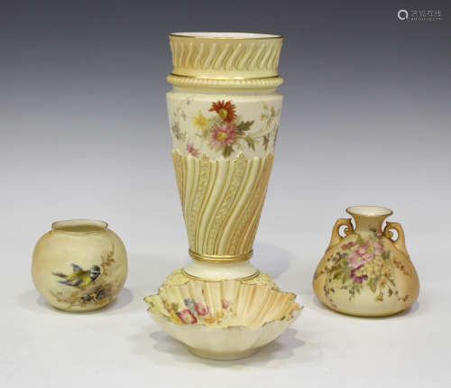 A Royal Worcester blush ivory porcelain vase, circa 1892, the flared body with moulded detail