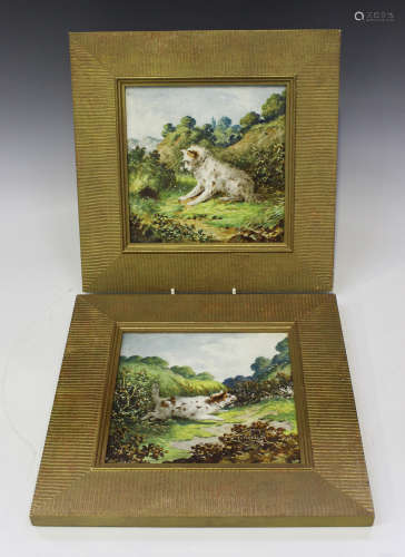 A pair of porcelain plaques, each painted with a dog in a landscape, 19cm x 19cm, each within a gilt