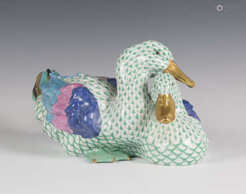 A large Herend porcelain figure group of two ducks with green scale bodies and blue, pink and