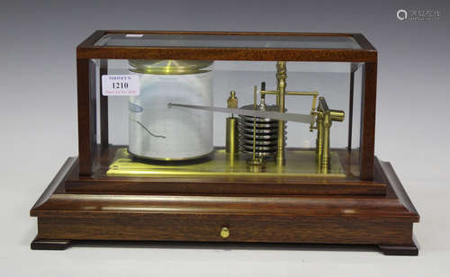 A late 20th century mahogany cased barograph, the lacquered brass mechanism with clockwork recording