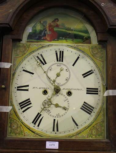 A George III oak longcase clock with eight day movement striking on a bell, the painted break arch