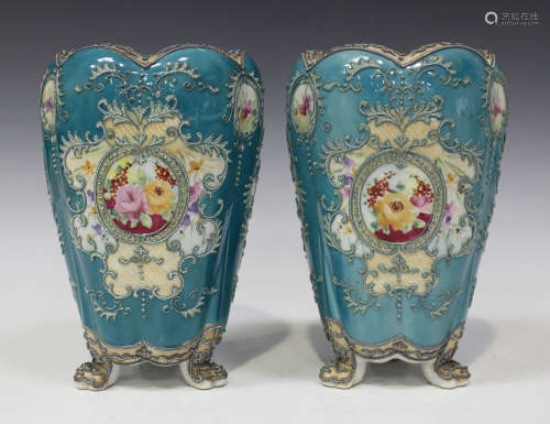 A pair of turquoise ground Noritake porcelain vases, early 20th century, of flared lobed shape,