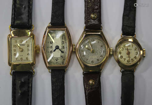 A Rotary gold rectangular cased lady's wristwatch, the signed silvered dial with gilt Arabic